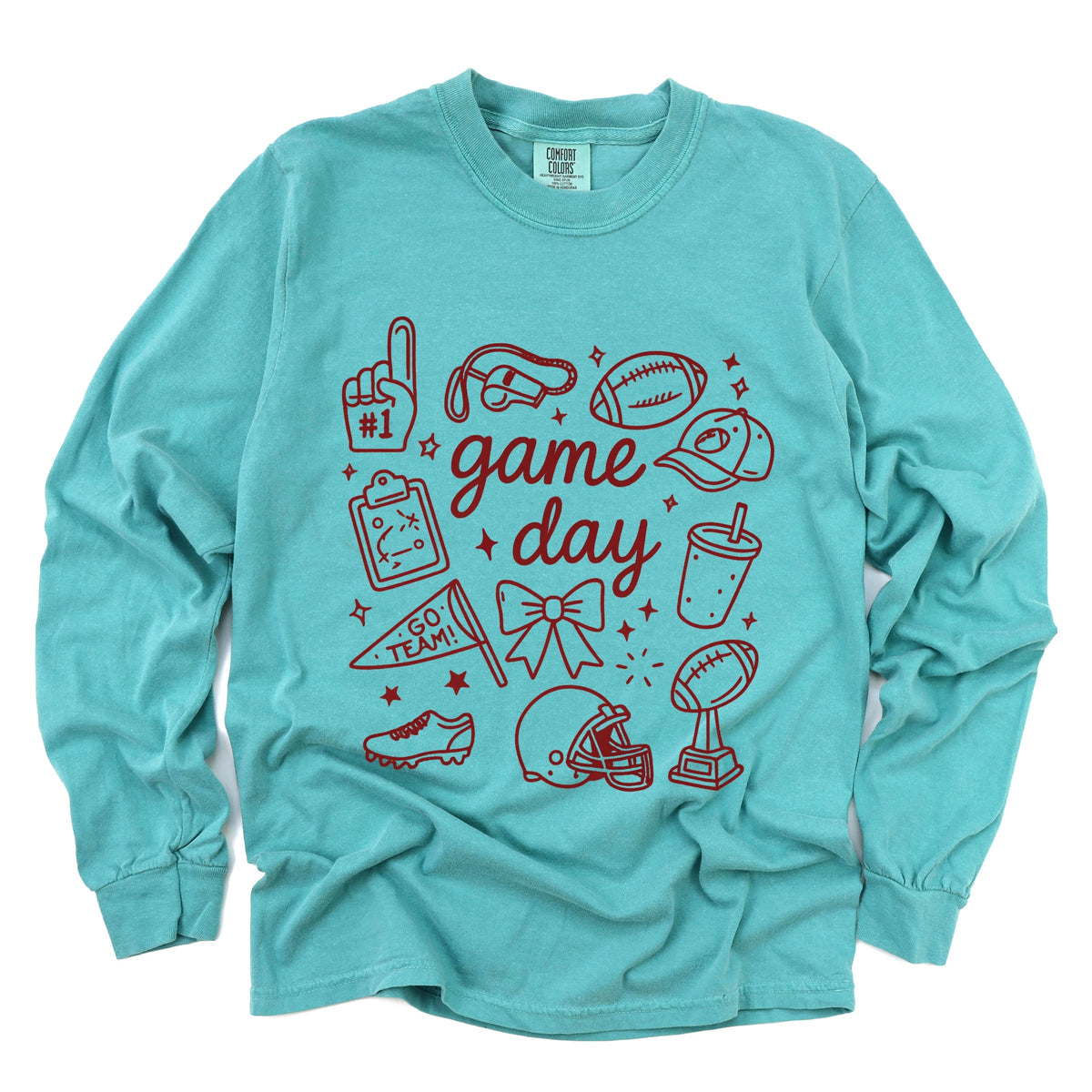 Game Day Football Sketched Collage - Women's Garment Dyed Long Sleeve Graphic T-Shirt