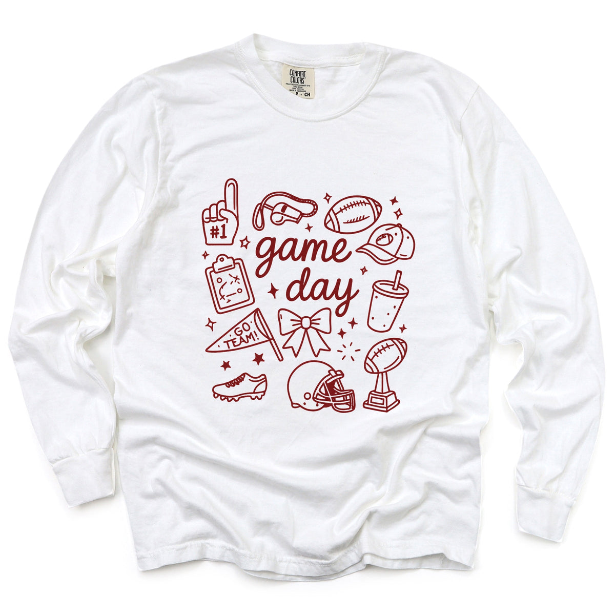 Game Day Football Sketched Collage - Women's Garment Dyed Long Sleeve Graphic T-Shirt