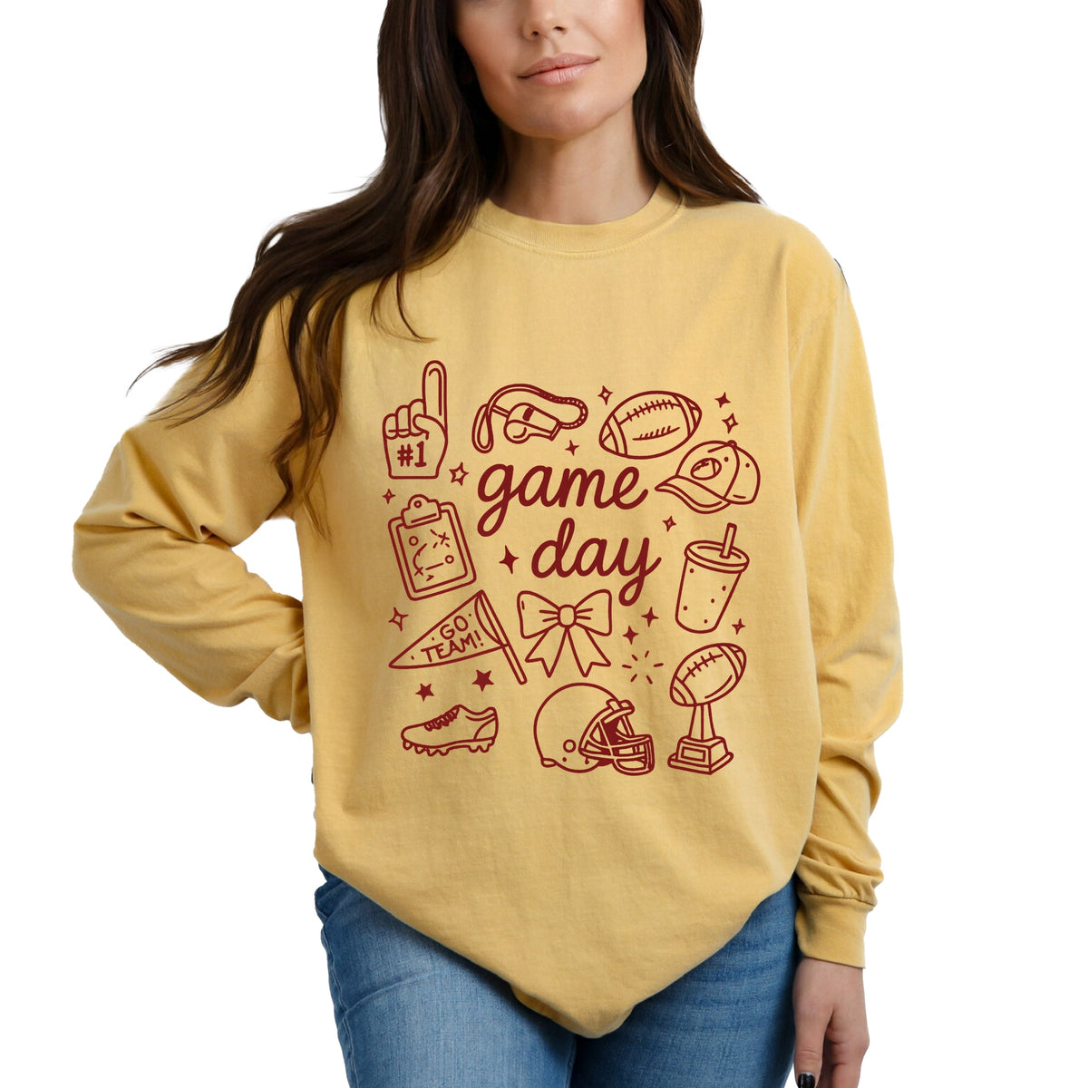 Game Day Football Sketched Collage - Women's Garment Dyed Long Sleeve Graphic T-Shirt