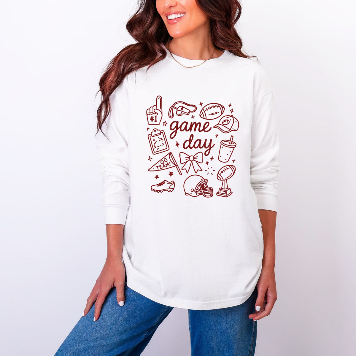 Game Day Football Sketched Collage - Women's Garment Dyed Long Sleeve Graphic T-Shirt