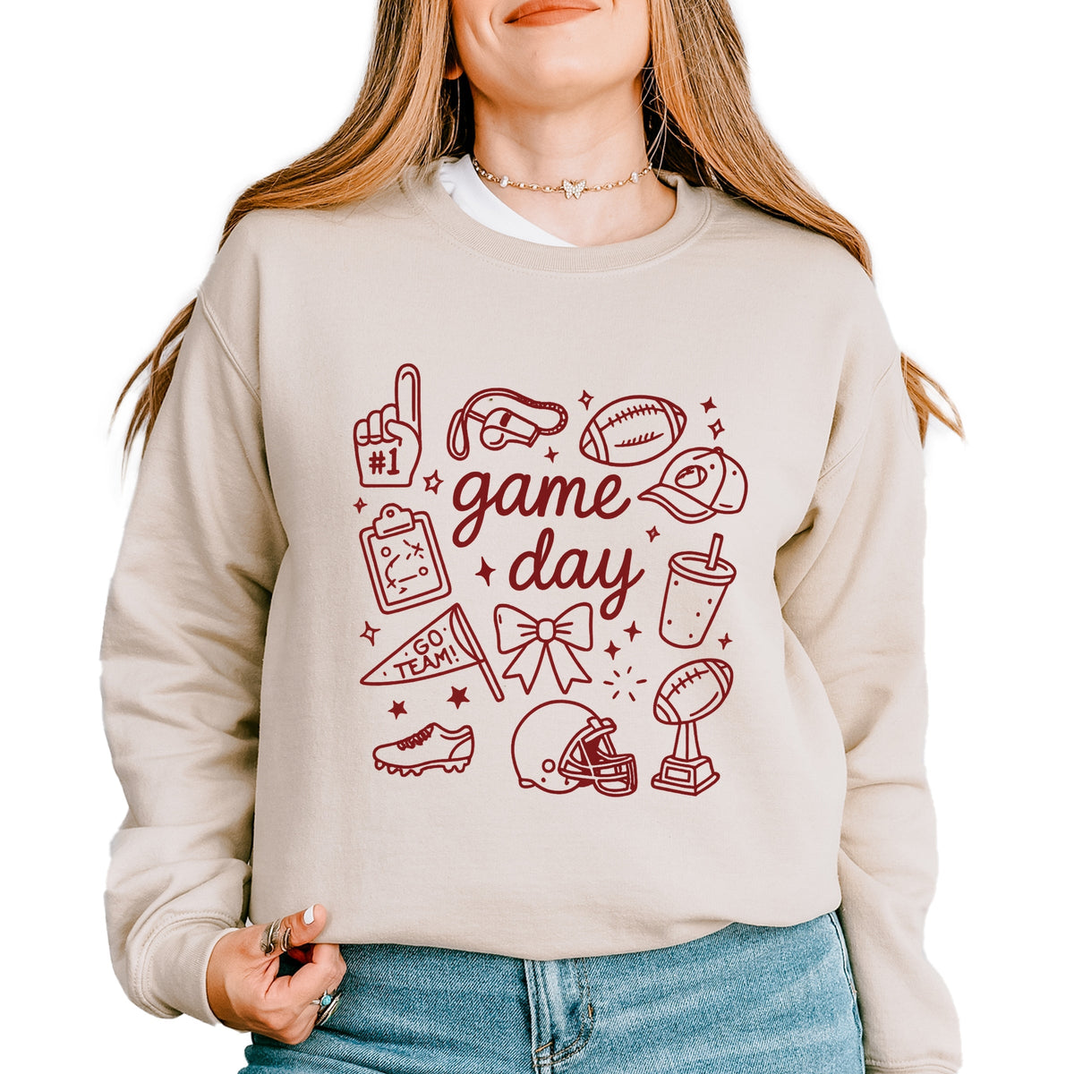 Game Day Football Sketched Collage - Women's Graphic Sweatshirt