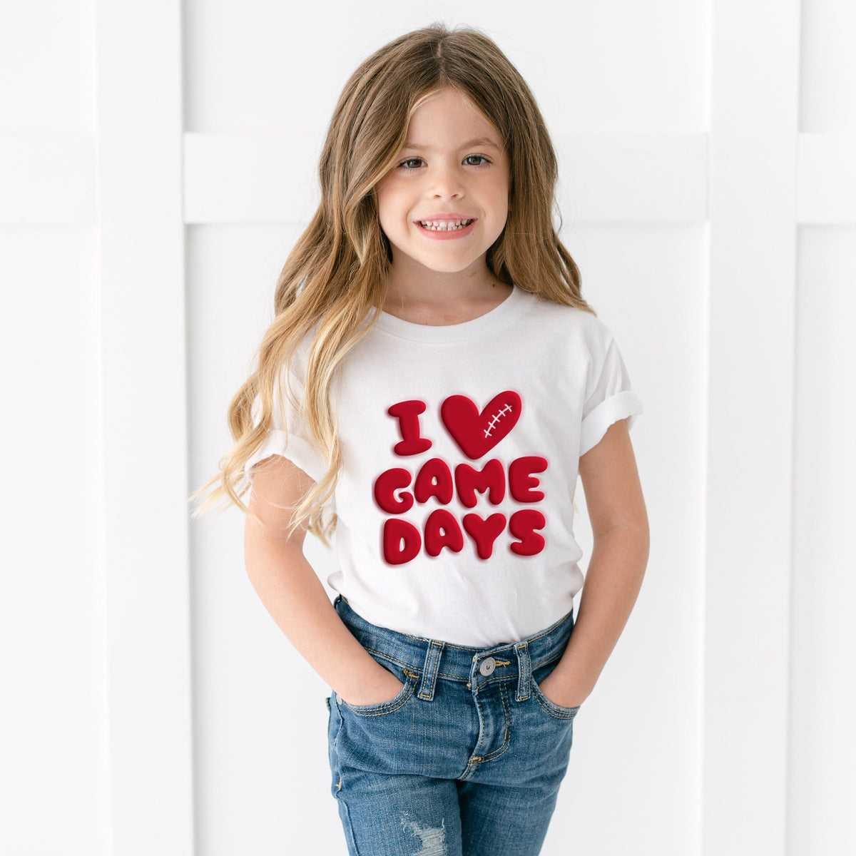 I Love Game Days Puff Print - Youth Short Sleeve Graphic T-Shirt