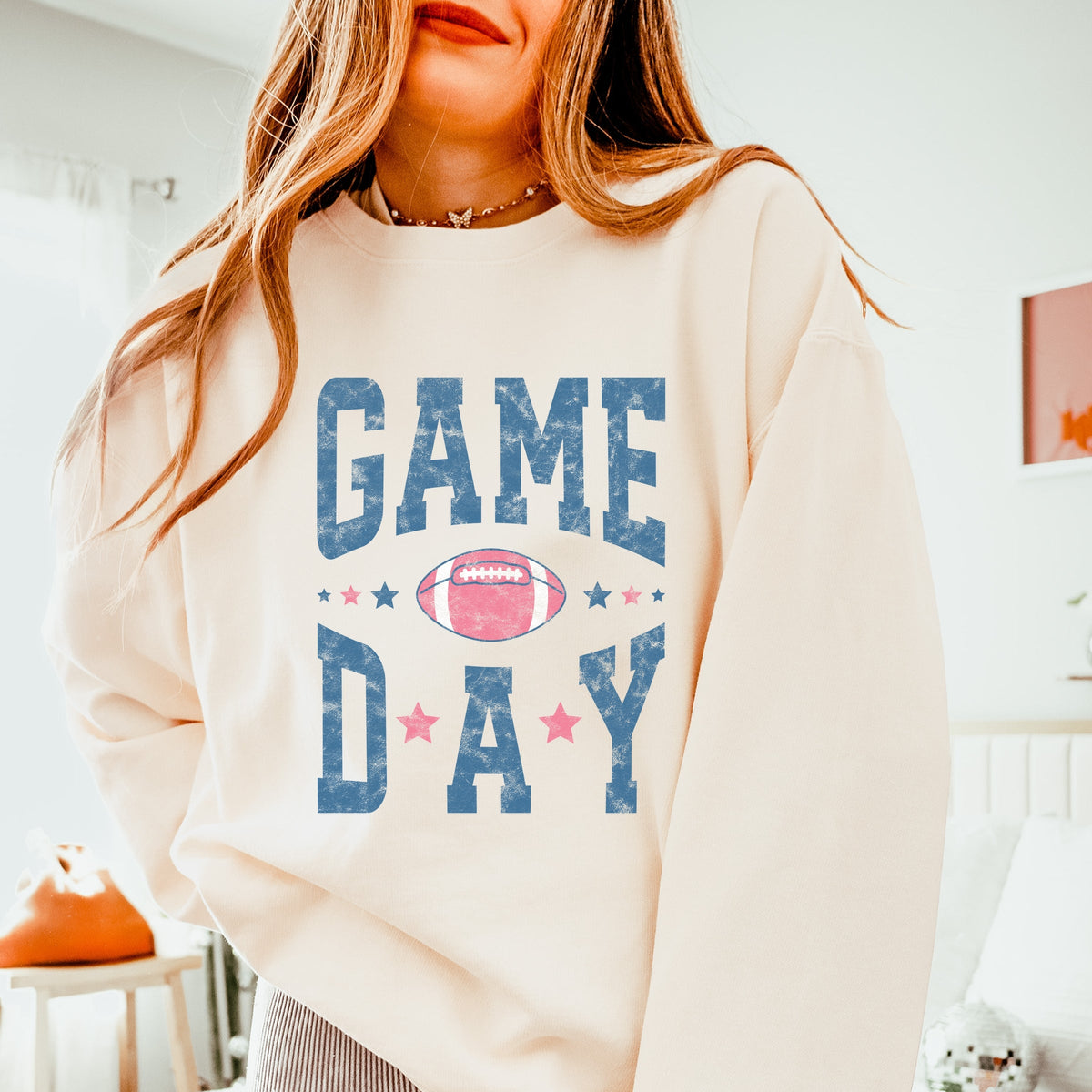 Game Day Blue Distressed - Women's Lightweight Garment Dyed Sweatshirt