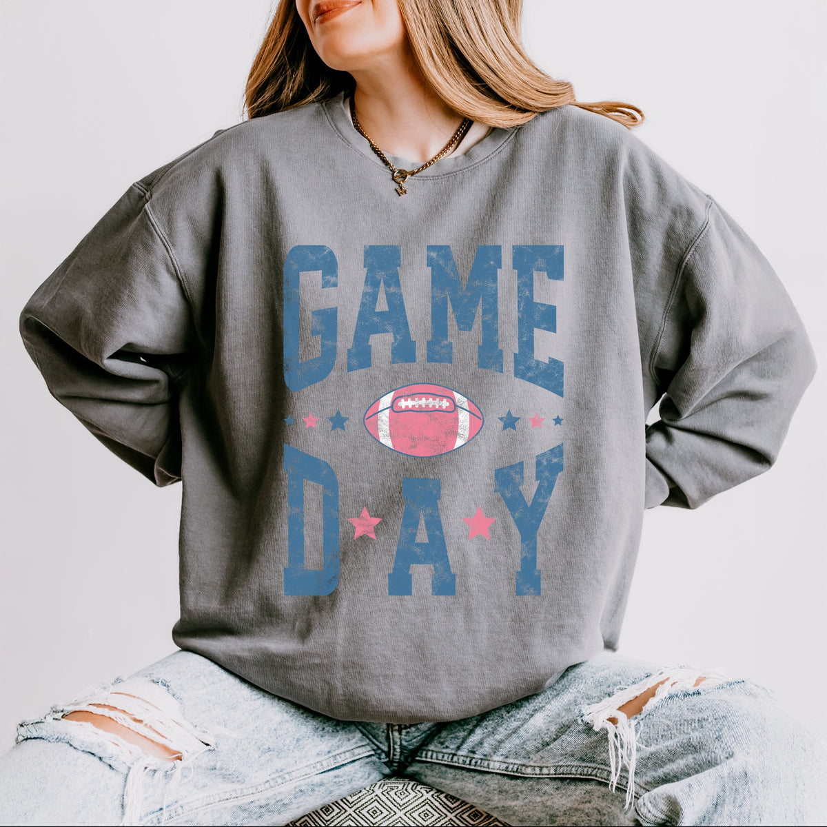 Game Day Blue Distressed - Women's Lightweight Garment Dyed Sweatshirt