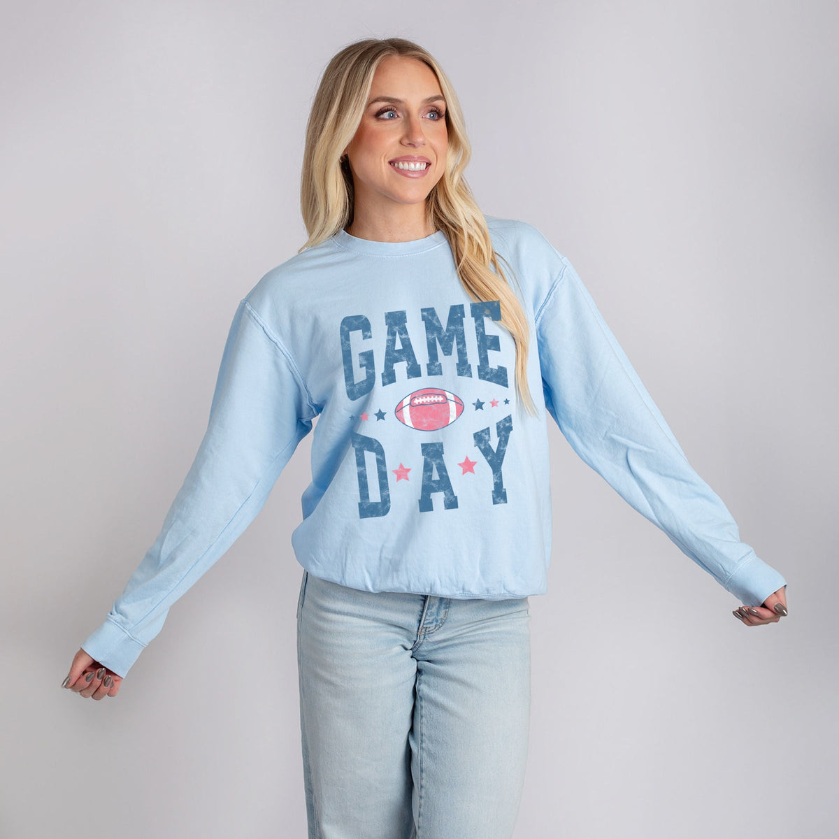 Game Day Blue Distressed - Women's Lightweight Garment Dyed Sweatshirt