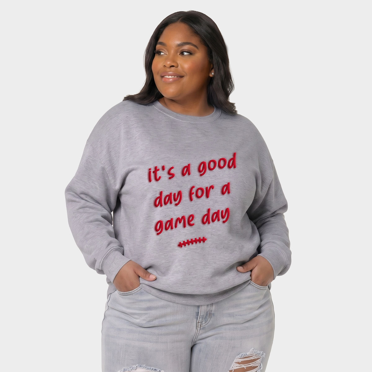 It's A Good Day For A Game Day Puff Print -  Women's Plus Sized Graphic Sweatshirt