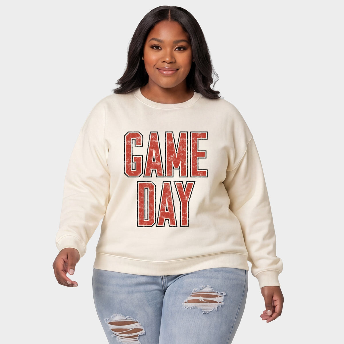 Game Day Outlined Distressed -  Women's Plus Sized Graphic Sweatshirt