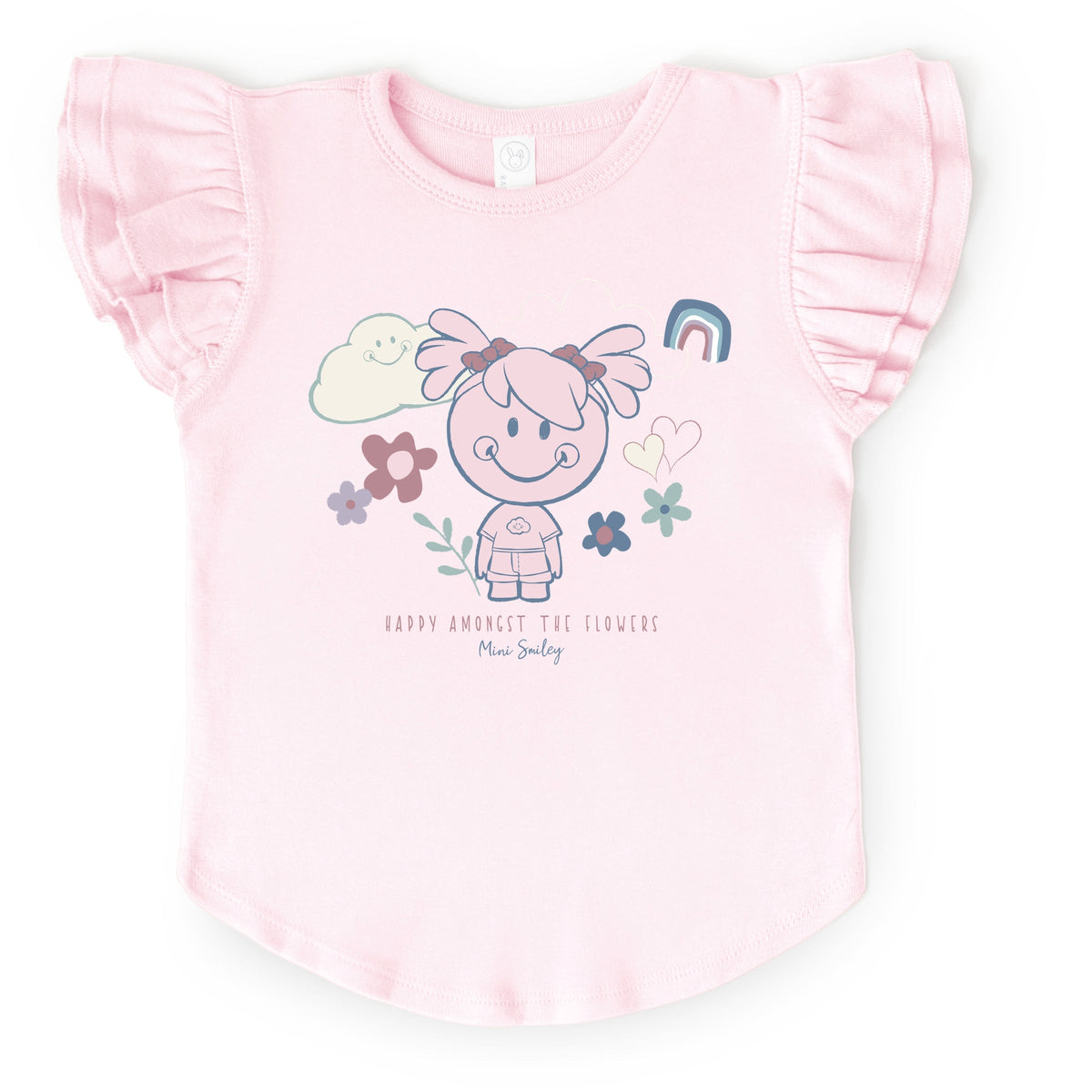 Mini Smiley Happy Amongst The Flowers - Flutter Sleeve Graphic T-Shirt