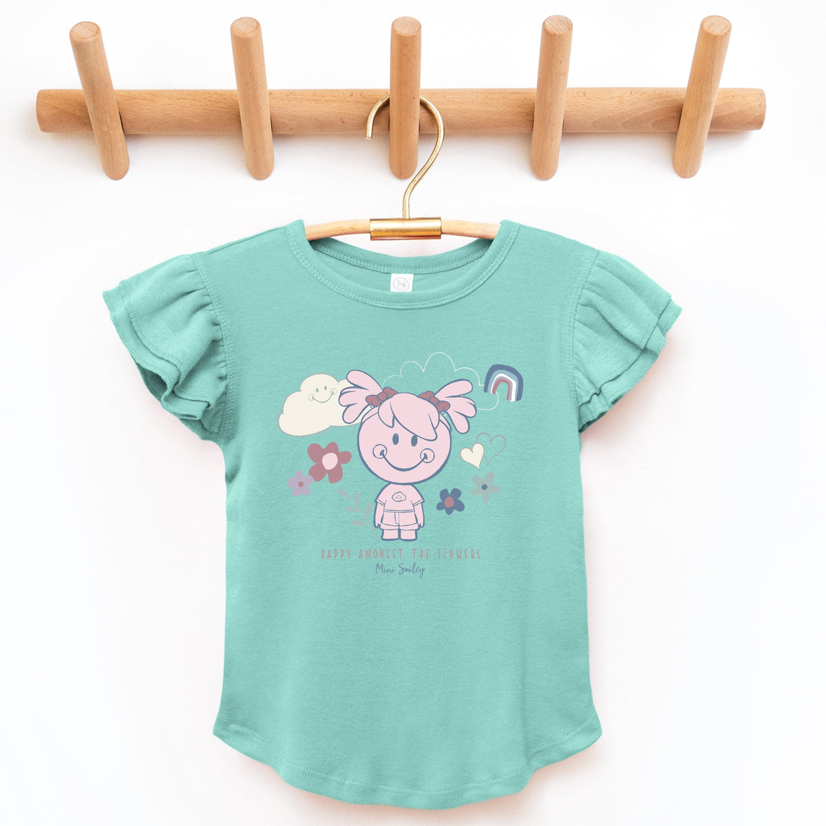 Mini Smiley Happy Amongst The Flowers - Flutter Sleeve Graphic T-Shirt