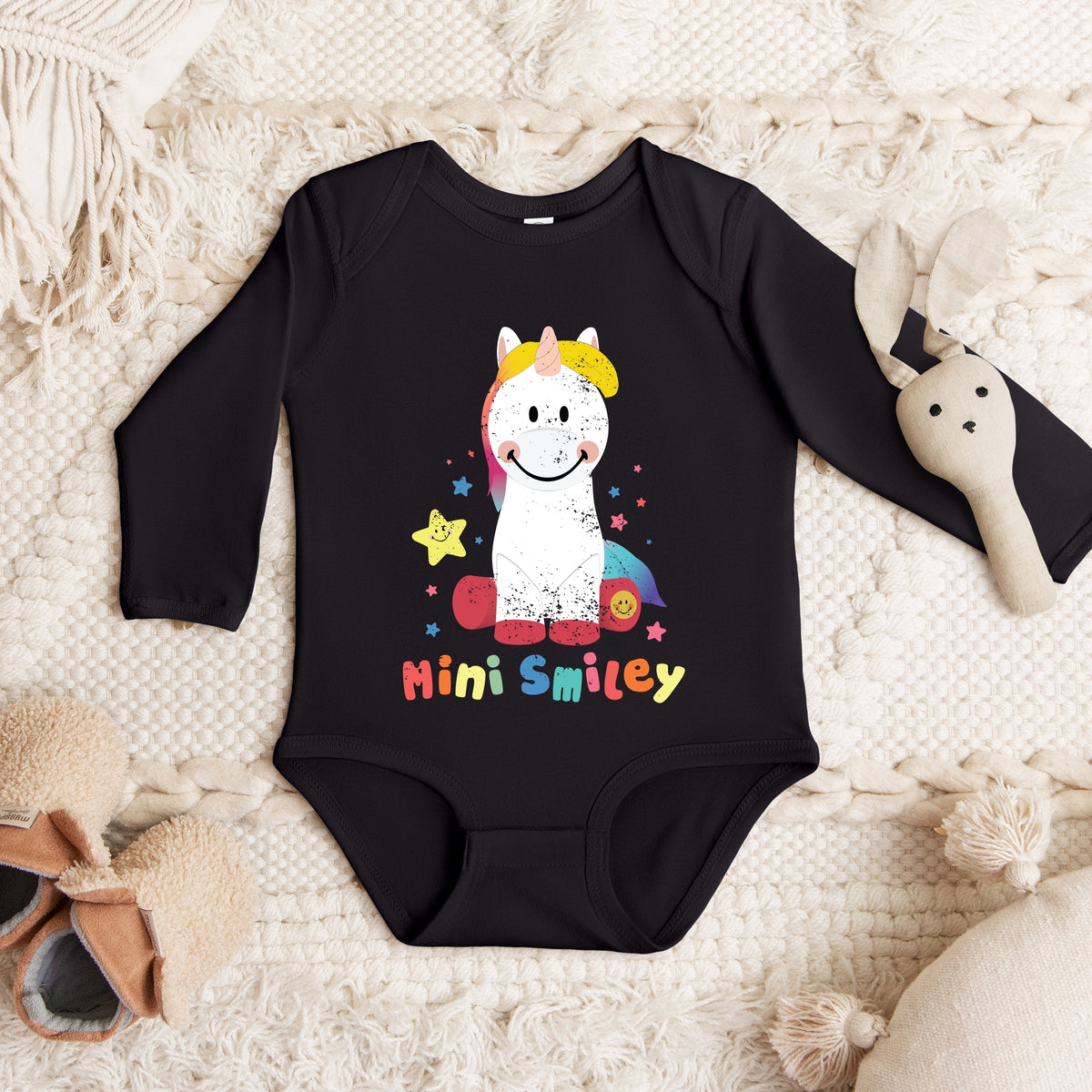 Mini Smiley Unicorn Distressed - Baby Long Sleeve Bodysuit