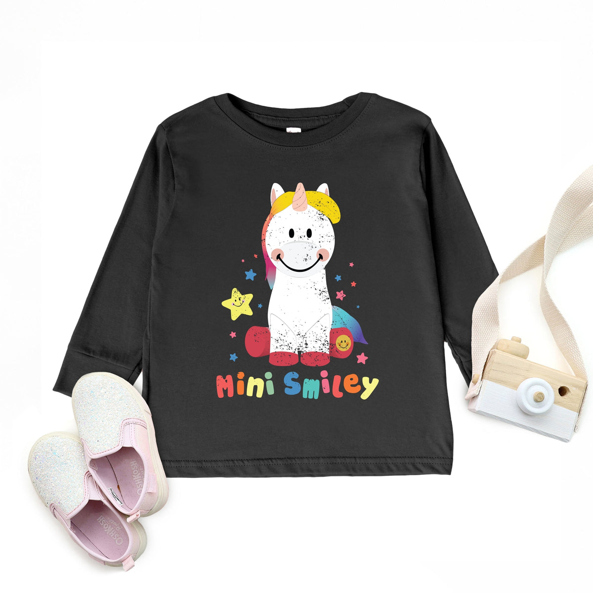 Mini Smiley Unicorn Distressed - Toddler Long Sleeve Graphic Tee