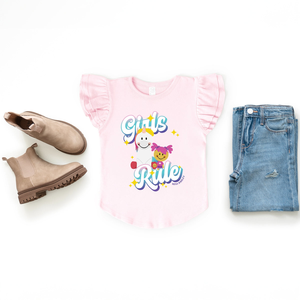 Mini Smiley Girls Rule - Flutter Sleeve Graphic T-Shirt