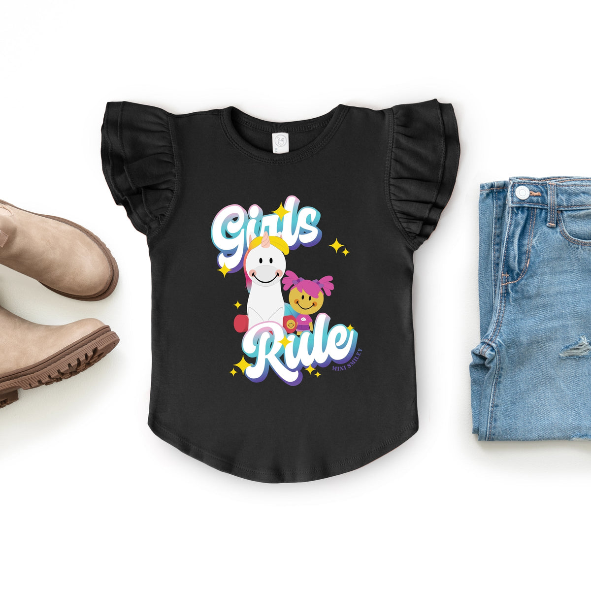 Mini Smiley Girls Rule - Flutter Sleeve Graphic T-Shirt