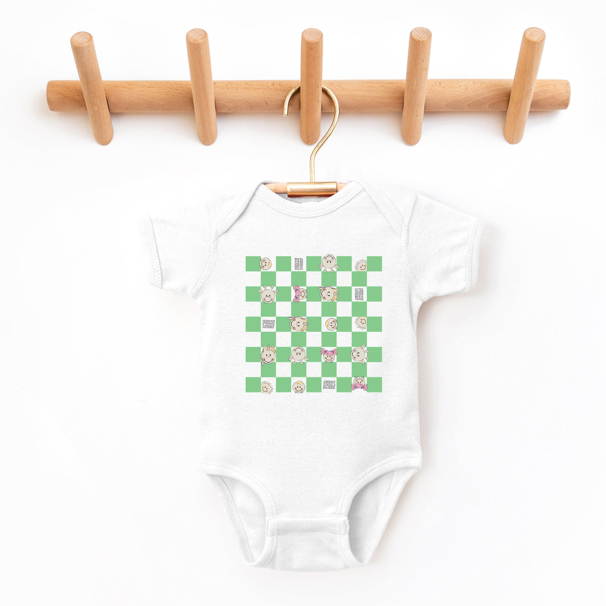 Mini Smiley Checkered Characters Green - Baby Short Sleeve Graphic Bodysuit