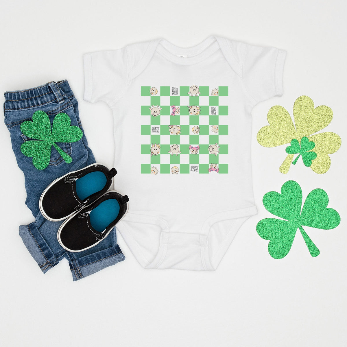 Mini Smiley Checkered Characters Green - Baby Short Sleeve Graphic Bodysuit