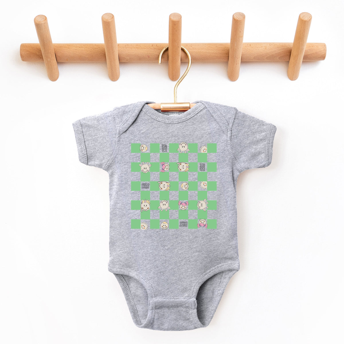 Mini Smiley Checkered Characters Green - Baby Short Sleeve Graphic Bodysuit
