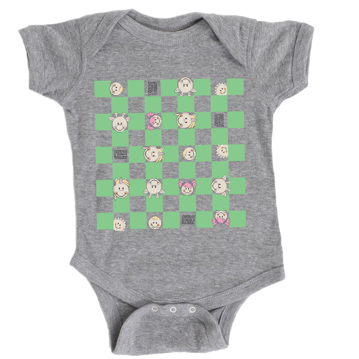 Mini Smiley Checkered Characters Green - Baby Short Sleeve Graphic Bodysuit