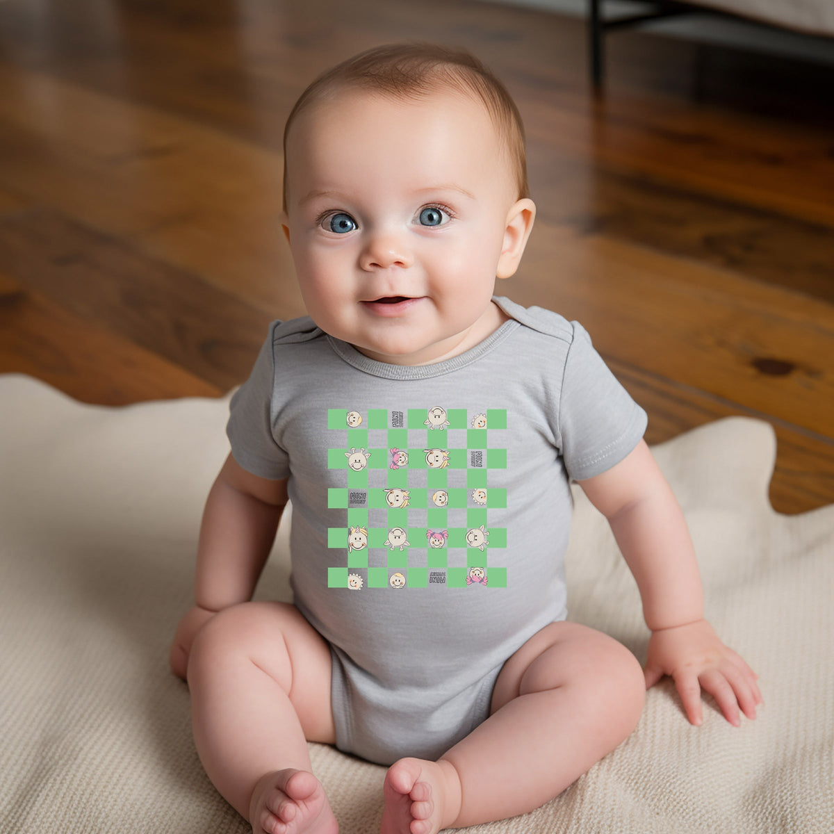 Mini Smiley Checkered Characters Green - Baby Short Sleeve Graphic Bodysuit