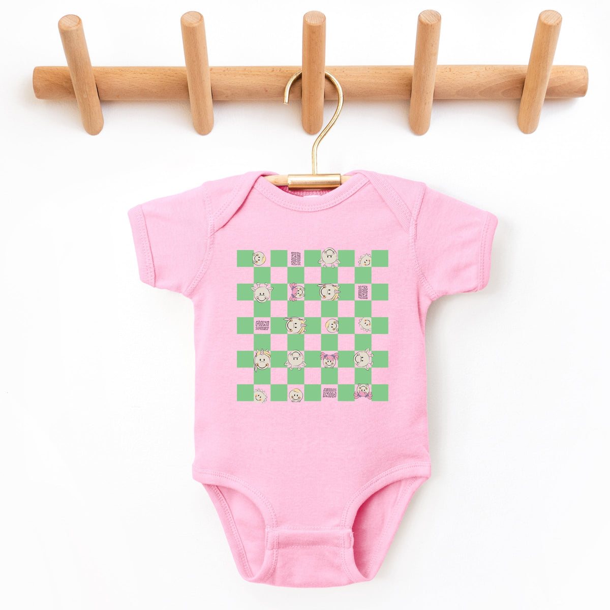 Mini Smiley Checkered Characters Green - Baby Short Sleeve Graphic Bodysuit