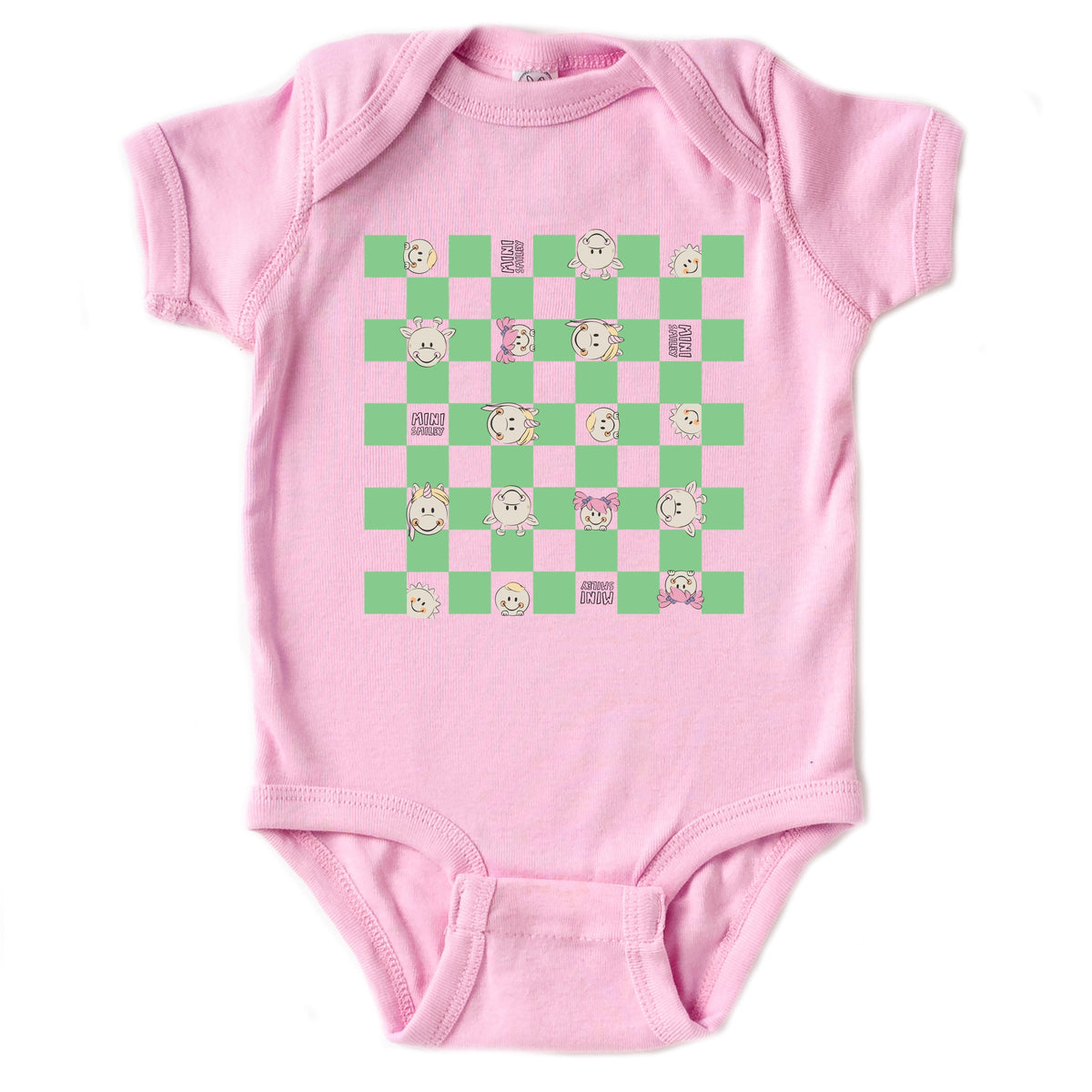 Mini Smiley Checkered Characters Green - Baby Short Sleeve Graphic Bodysuit