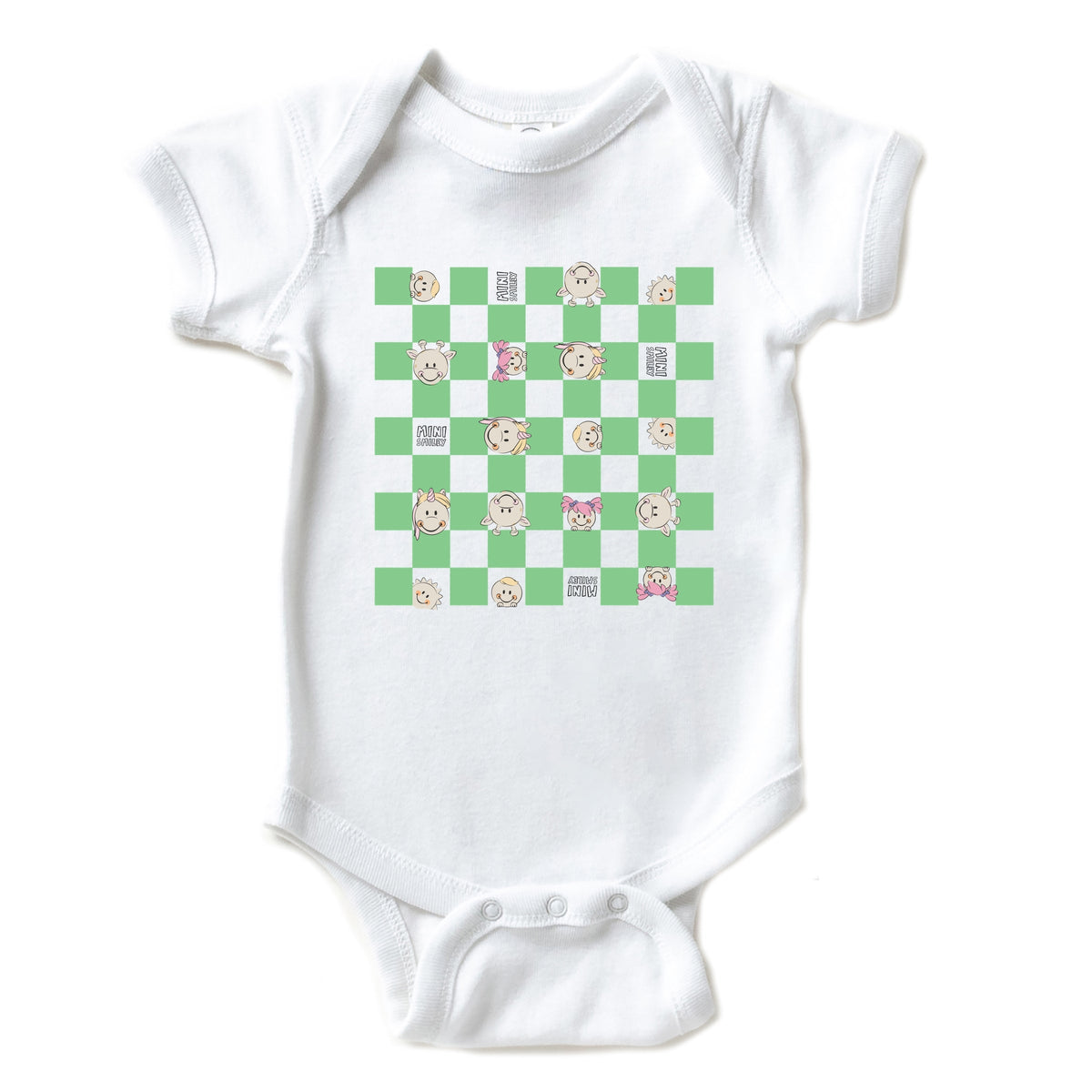 Mini Smiley Checkered Characters Green - Baby Short Sleeve Graphic Bodysuit