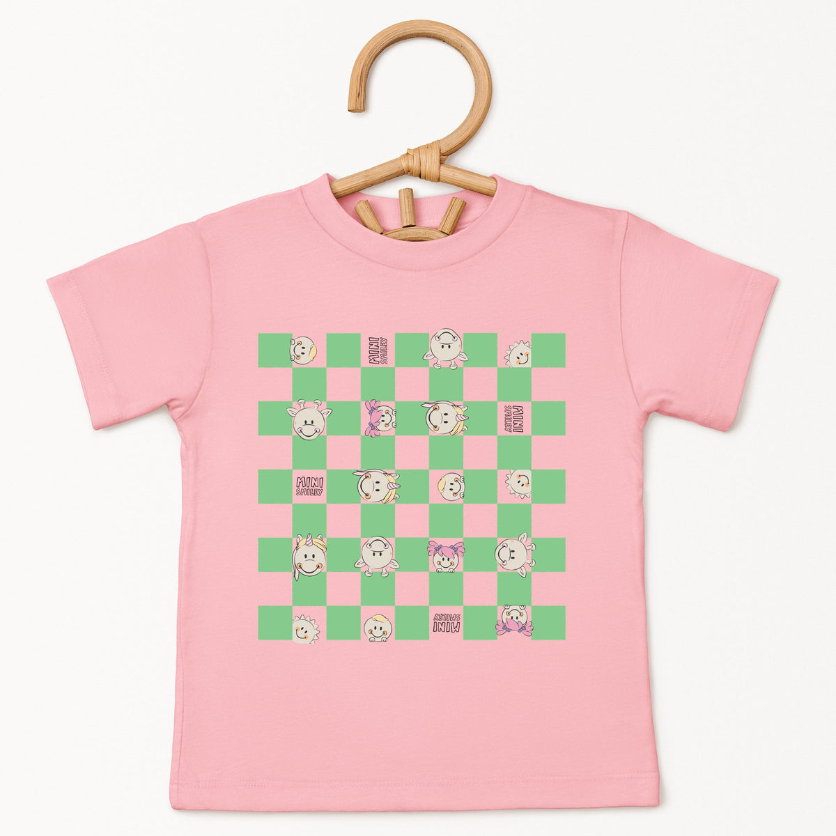 Mini Smiley Checkered Characters Green - Toddler Short Sleeve Graphic T-Shirt