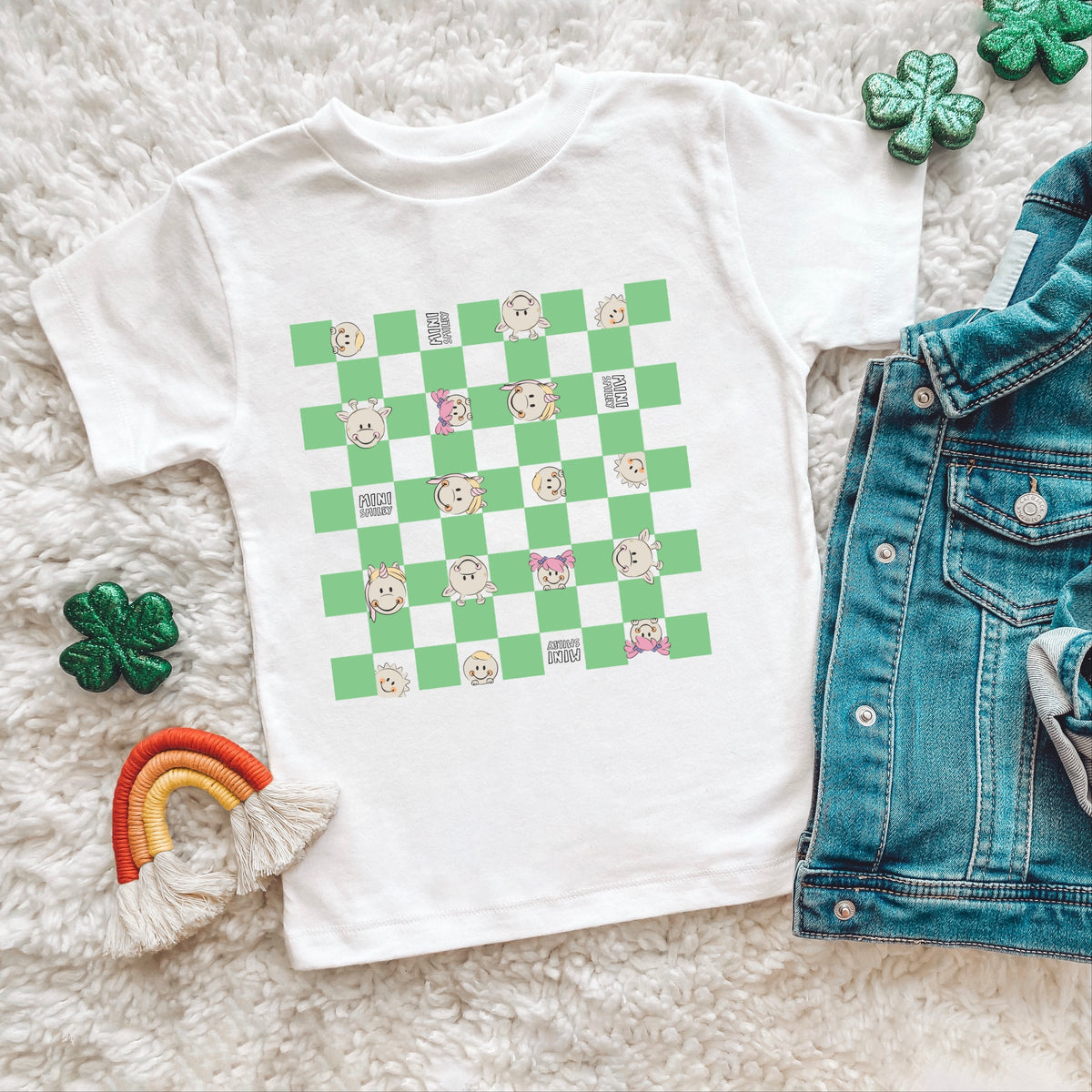 Mini Smiley Checkered Characters Green - Toddler Short Sleeve Graphic T-Shirt
