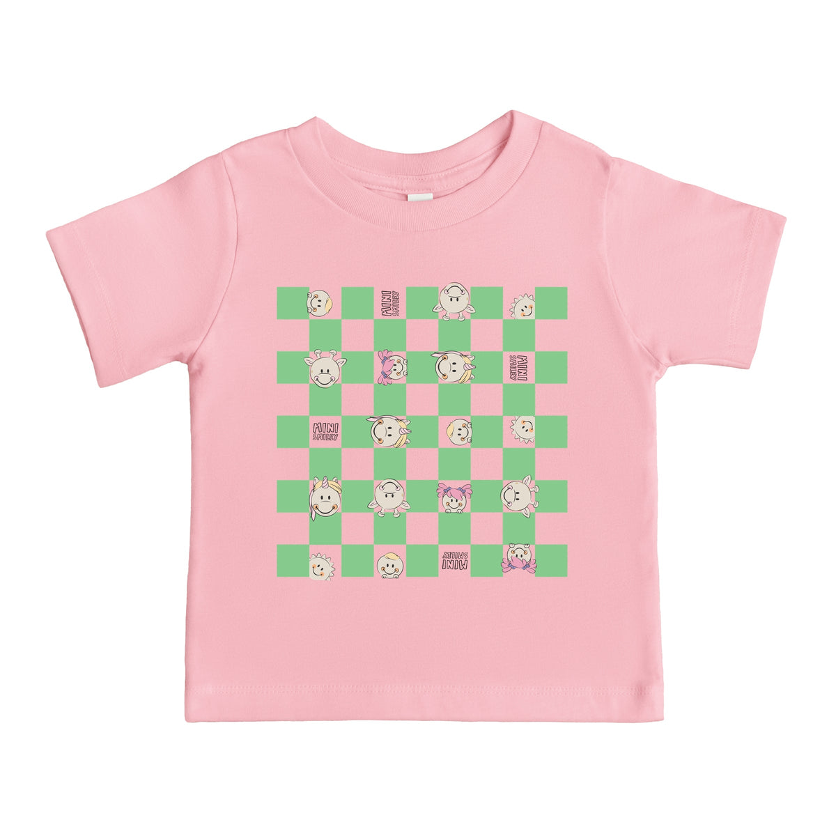 Mini Smiley Checkered Characters Green - Toddler Short Sleeve Graphic T-Shirt