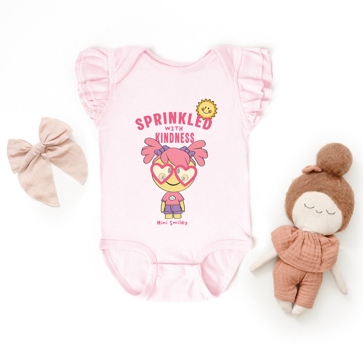 Mini Smiley Sprinkled With Kindness - Baby Flutter Sleeve Bodysuit
