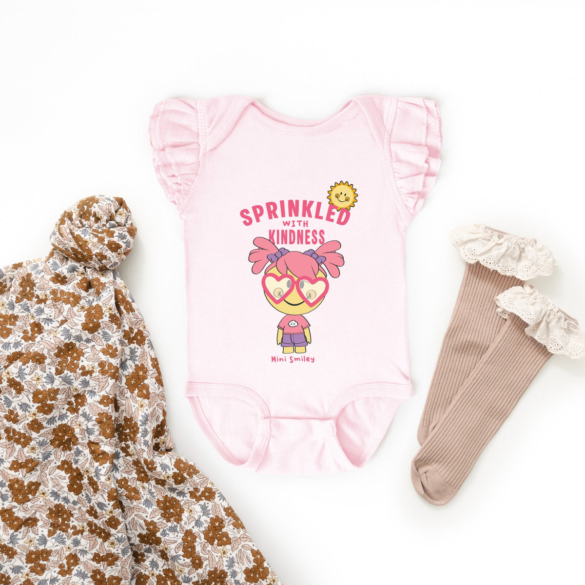 Mini Smiley Sprinkled With Kindness - Baby Flutter Sleeve Bodysuit