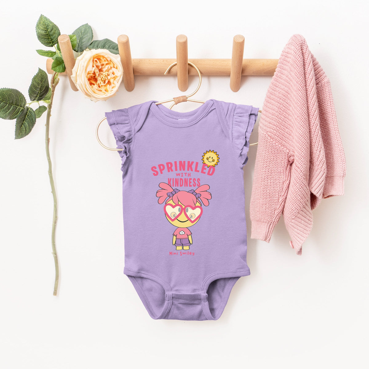 Mini Smiley Sprinkled With Kindness - Baby Flutter Sleeve Bodysuit