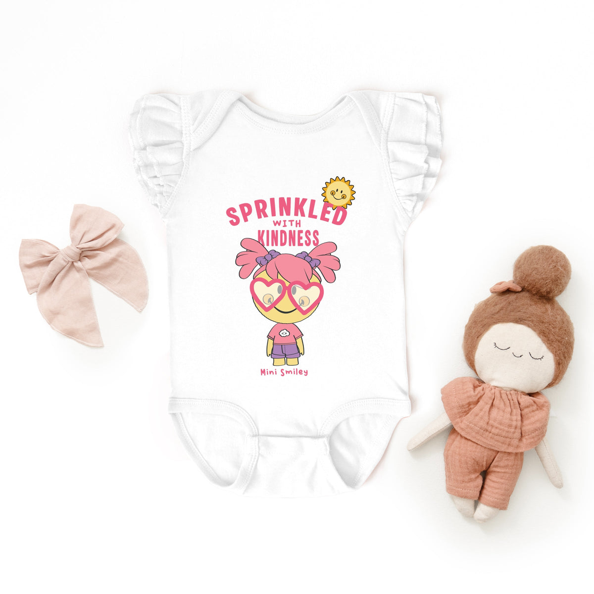 Mini Smiley Sprinkled With Kindness - Baby Flutter Sleeve Bodysuit