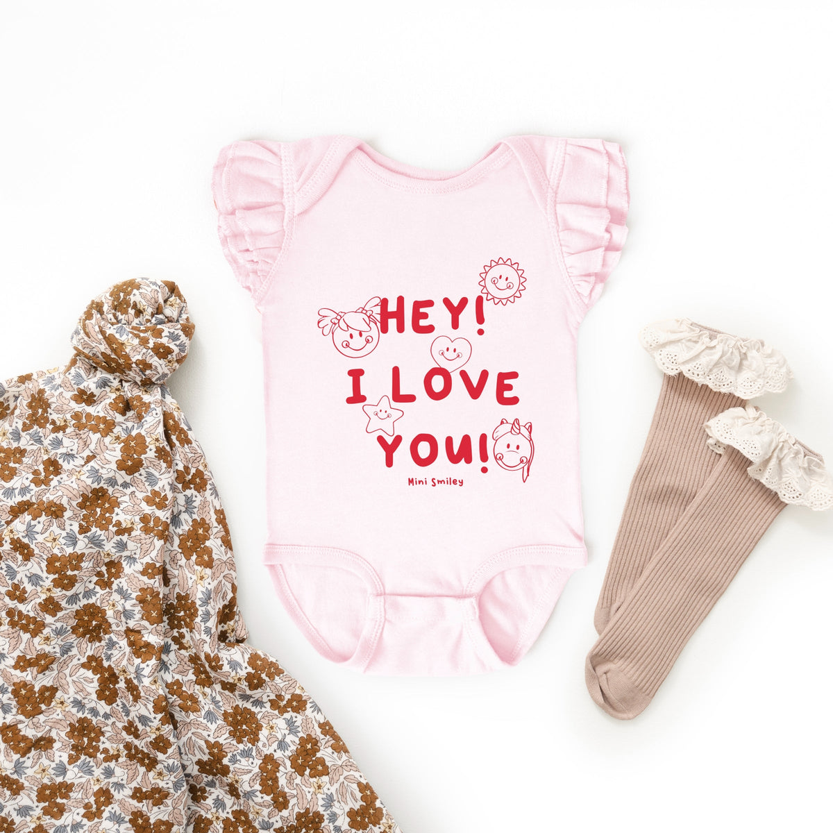 Mini Smiley Hey I Love You - Baby Flutter Sleeve Bodysuit