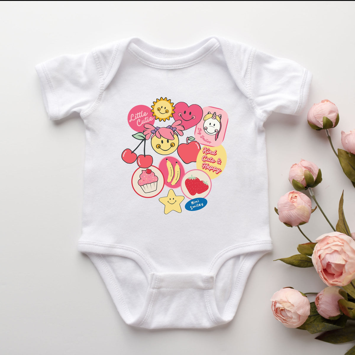 Mini Smiley Little Cutie Fruit Stickers - Baby Short Sleeve Graphic Bodysuit