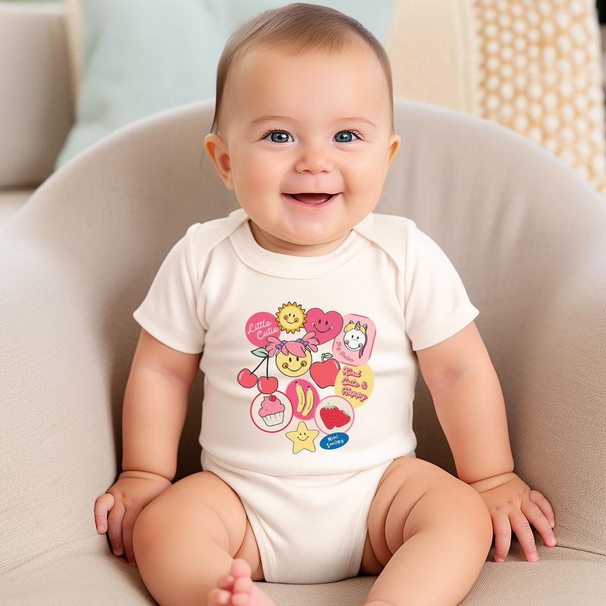 Mini Smiley Little Cutie Fruit Stickers - Baby Short Sleeve Graphic Bodysuit