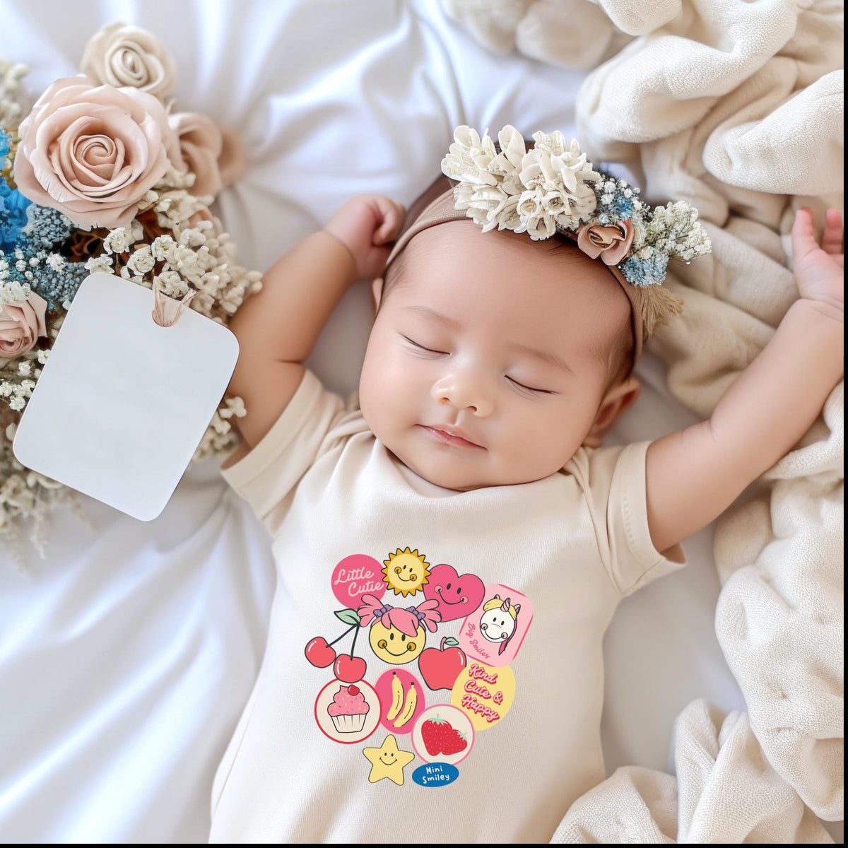 Mini Smiley Little Cutie Fruit Stickers - Baby Short Sleeve Graphic Bodysuit