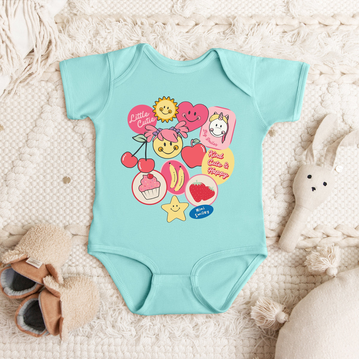 Mini Smiley Little Cutie Fruit Stickers - Baby Short Sleeve Graphic Bodysuit