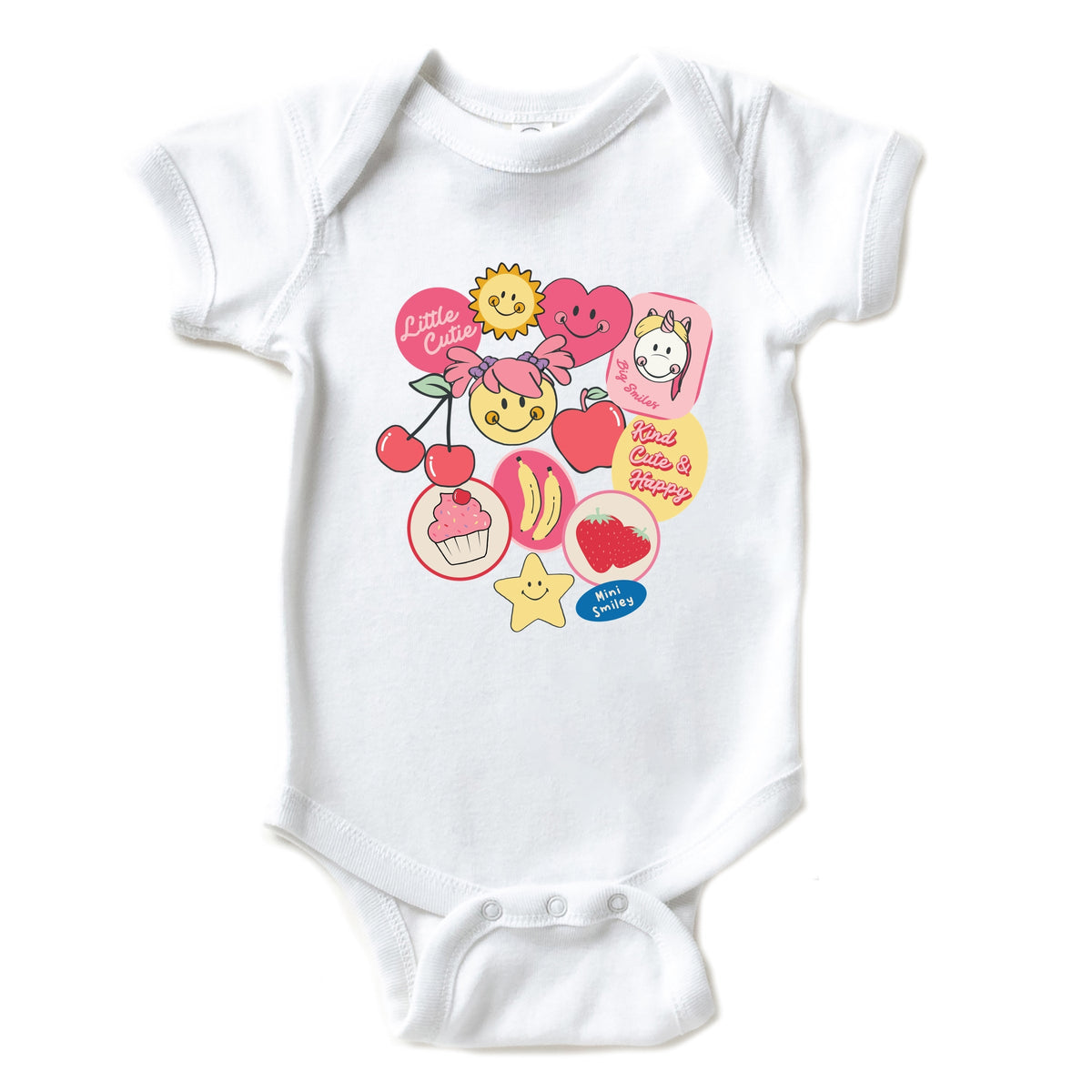 Mini Smiley Little Cutie Fruit Stickers - Baby Short Sleeve Graphic Bodysuit