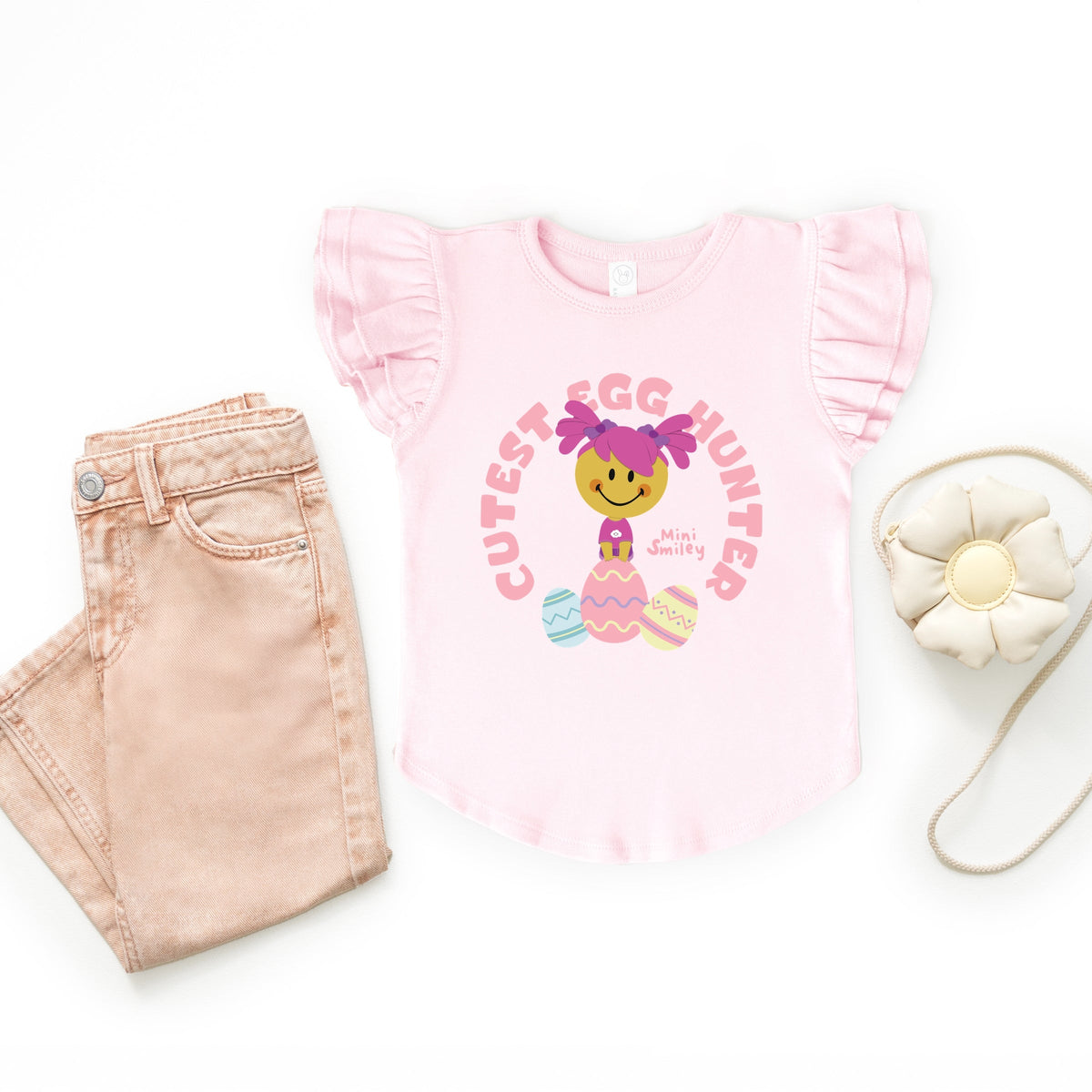 Mini Smiley Cutest Egg Hunter - Flutter Sleeve Graphic T-Shirt