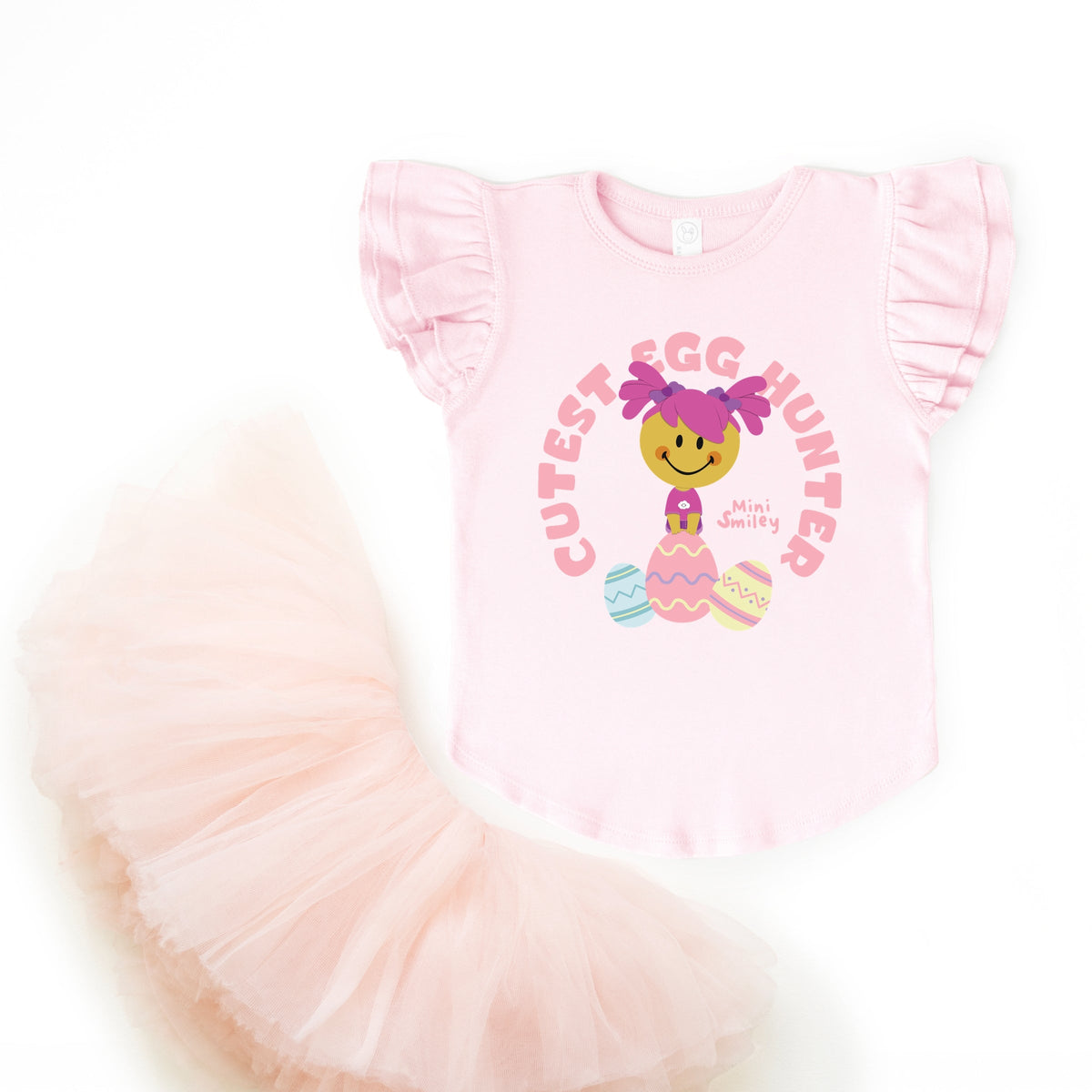 Mini Smiley Cutest Egg Hunter - Flutter Sleeve Graphic T-Shirt