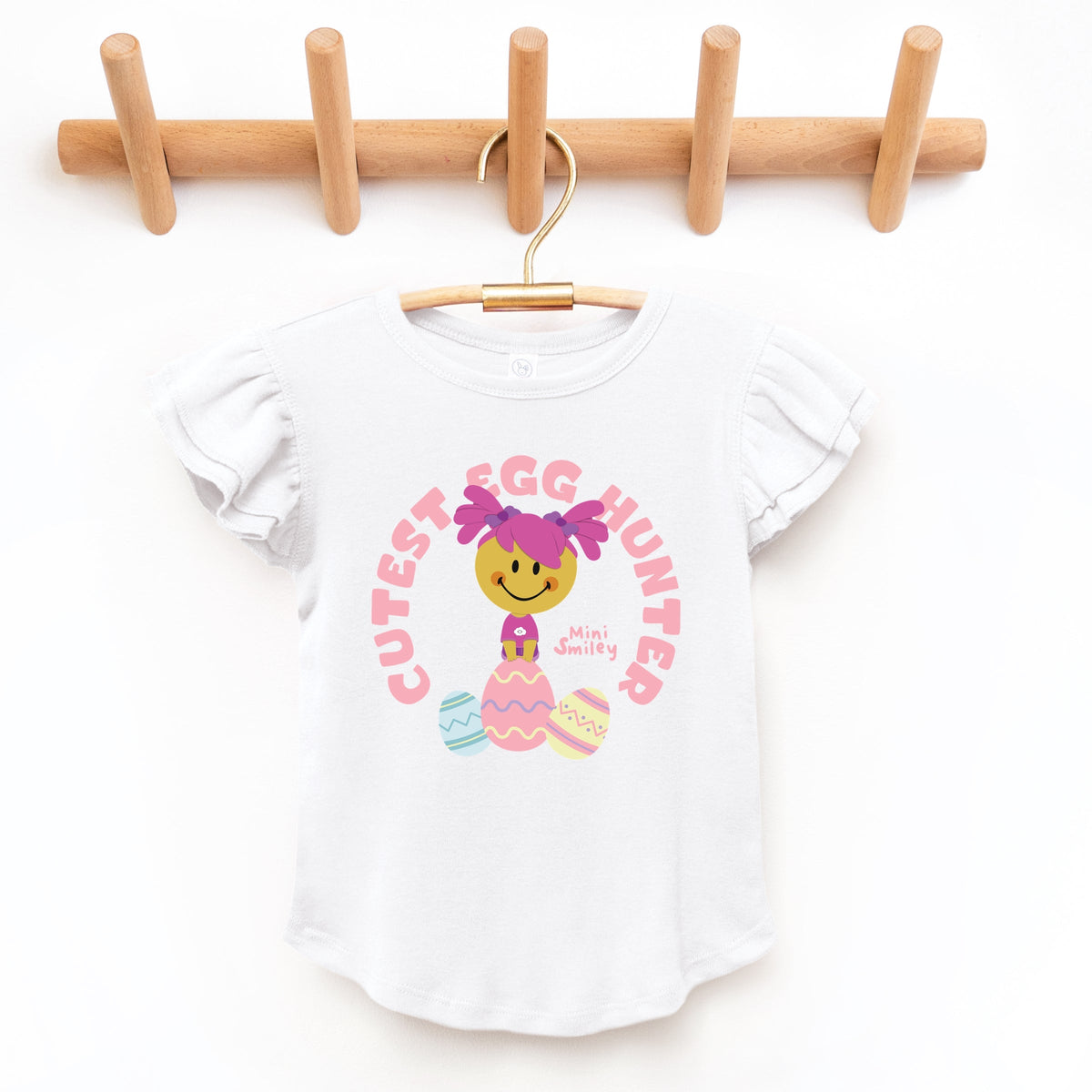 Mini Smiley Cutest Egg Hunter - Flutter Sleeve Graphic T-Shirt