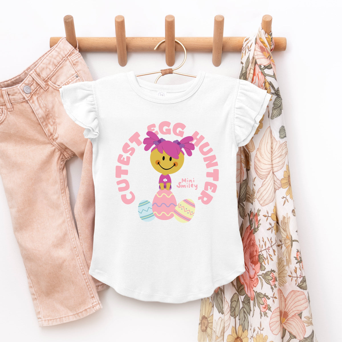 Mini Smiley Cutest Egg Hunter - Flutter Sleeve Graphic T-Shirt