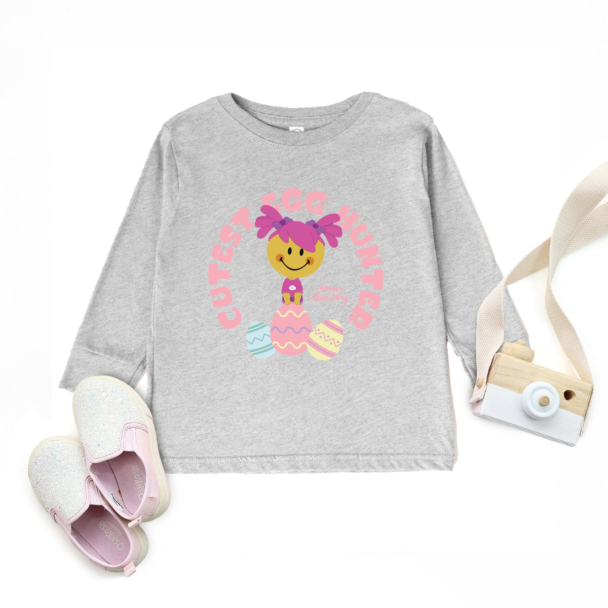 Mini Smiley Cutest Egg Hunter - Toddler Long Sleeve Graphic Tee
