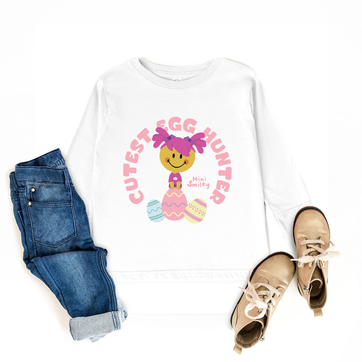 Mini Smiley Cutest Egg Hunter - Toddler Long Sleeve Graphic Tee