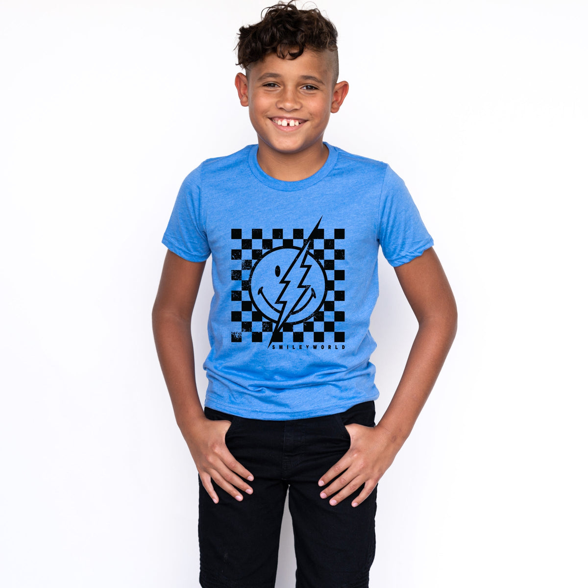 SmileyWorld Checkered Lightning Distressed - Youth Short Sleeve Graphic T-Shirt