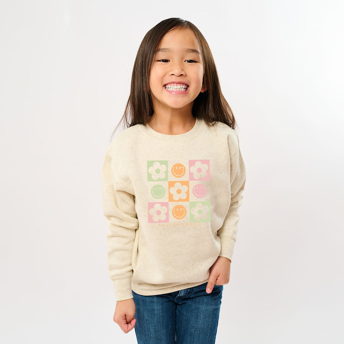 SmileyWorld Checkered Floral Smile - Youth Graphic Sweatshirt