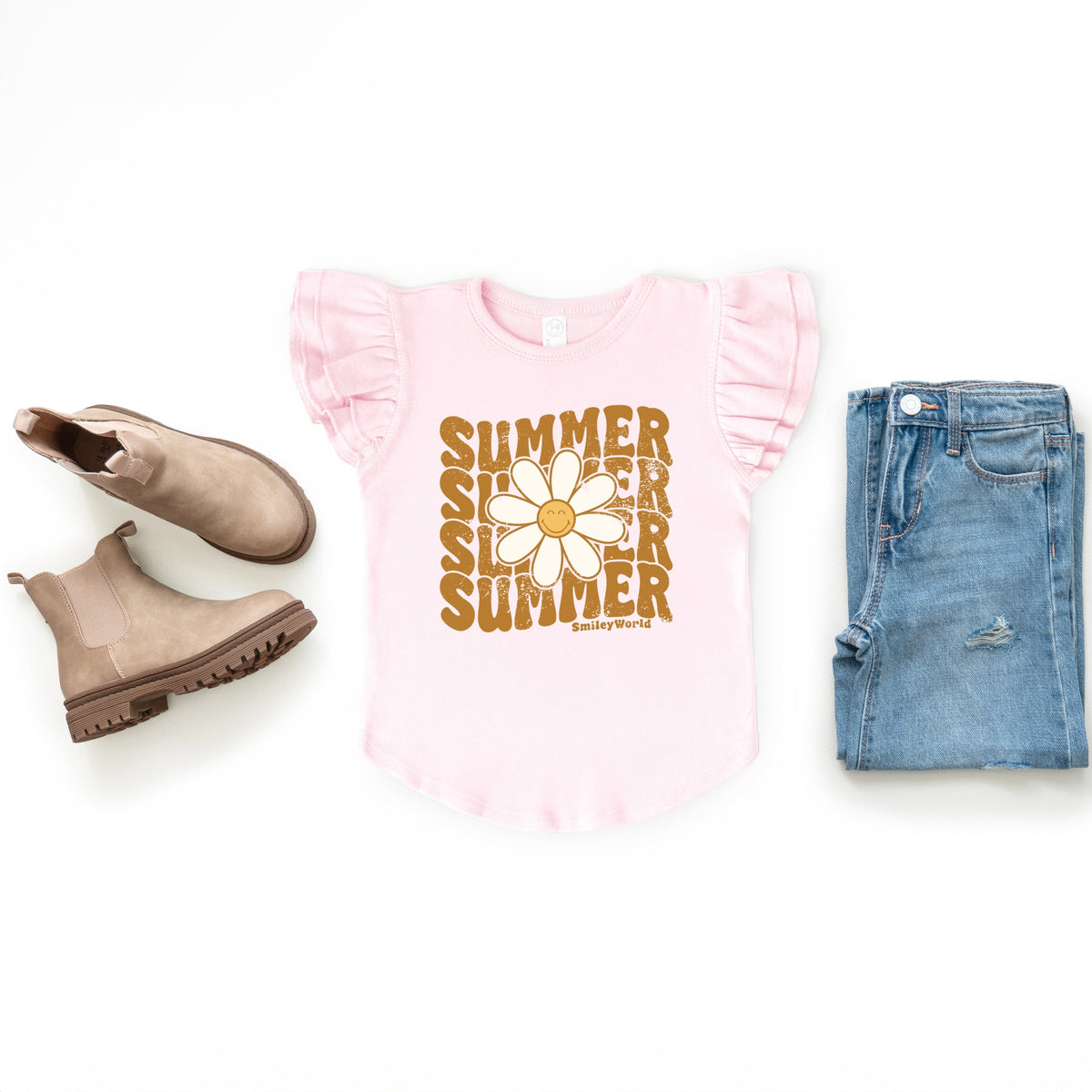 SmileyWorld Summer Wave Stacked - Flutter Sleeve Graphic T-Shirt