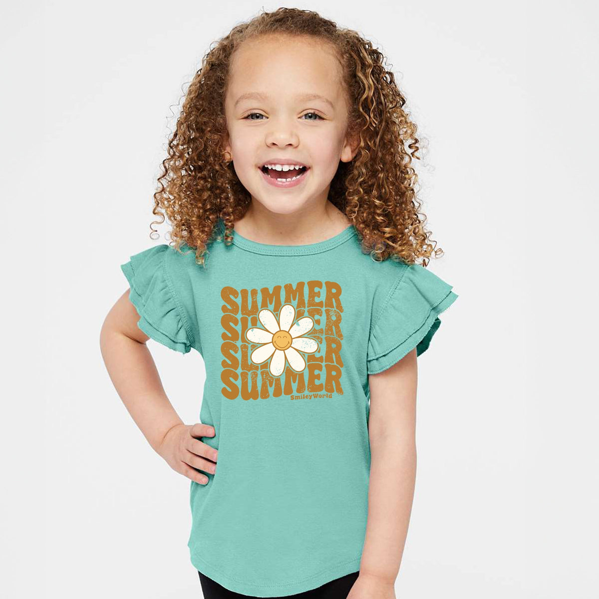 SmileyWorld Summer Wave Stacked - Flutter Sleeve Graphic T-Shirt