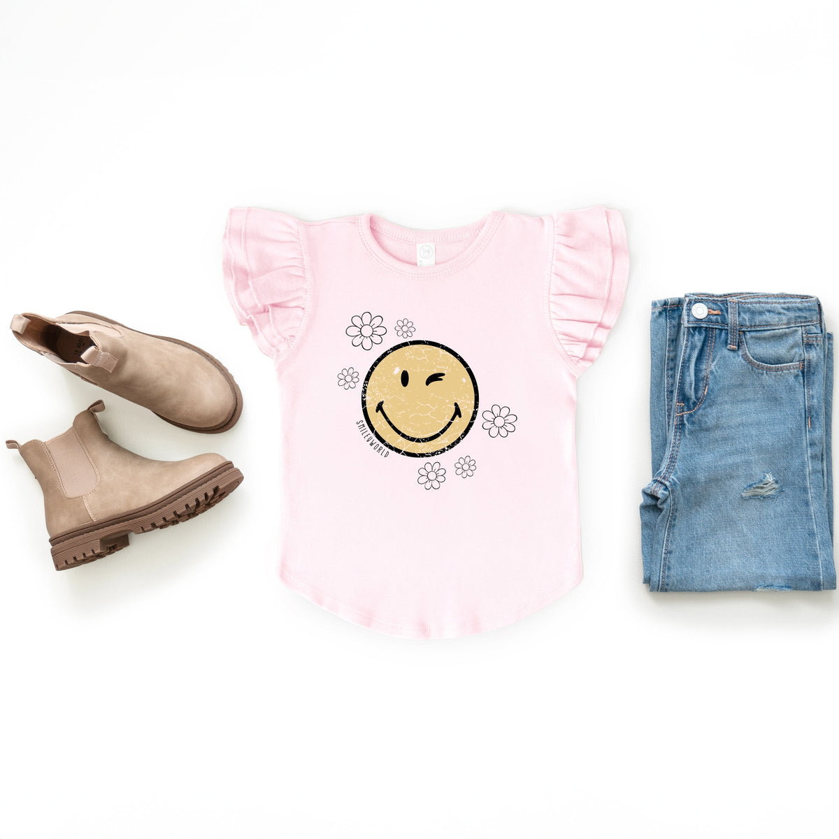 SmileyWorld Flower Outline - Flutter Sleeve Graphic T-Shirt