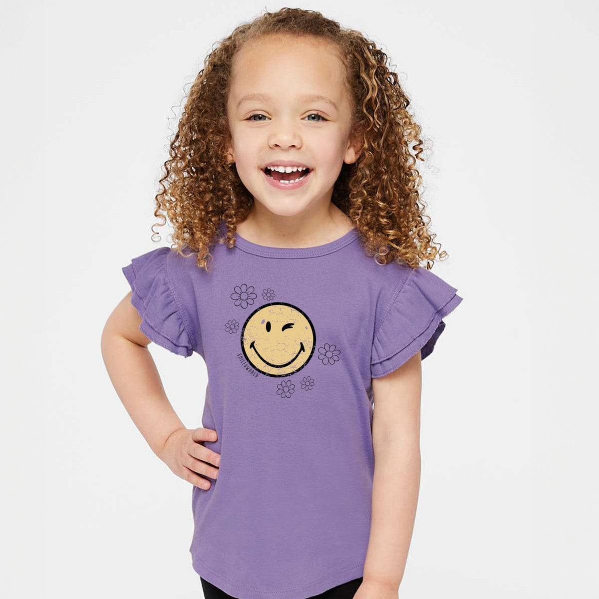SmileyWorld Flower Outline - Flutter Sleeve Graphic T-Shirt